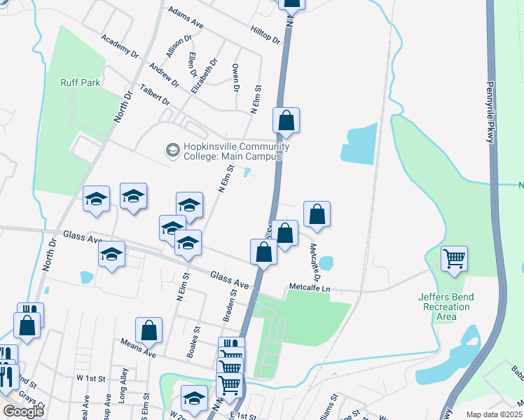 map of restaurants, bars, coffee shops, grocery stores, and more near 807 North Main Street in Hopkinsville