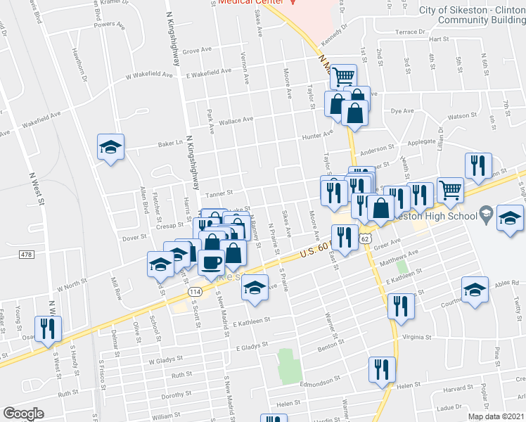 map of restaurants, bars, coffee shops, grocery stores, and more near 308 North Prairie Street in Sikeston