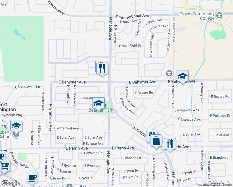 map of restaurants, bars, coffee shops, grocery stores, and more near 9898 North Price Avenue in Fresno