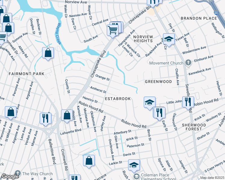 map of restaurants, bars, coffee shops, grocery stores, and more near 3713 Buckingham Street in Norfolk