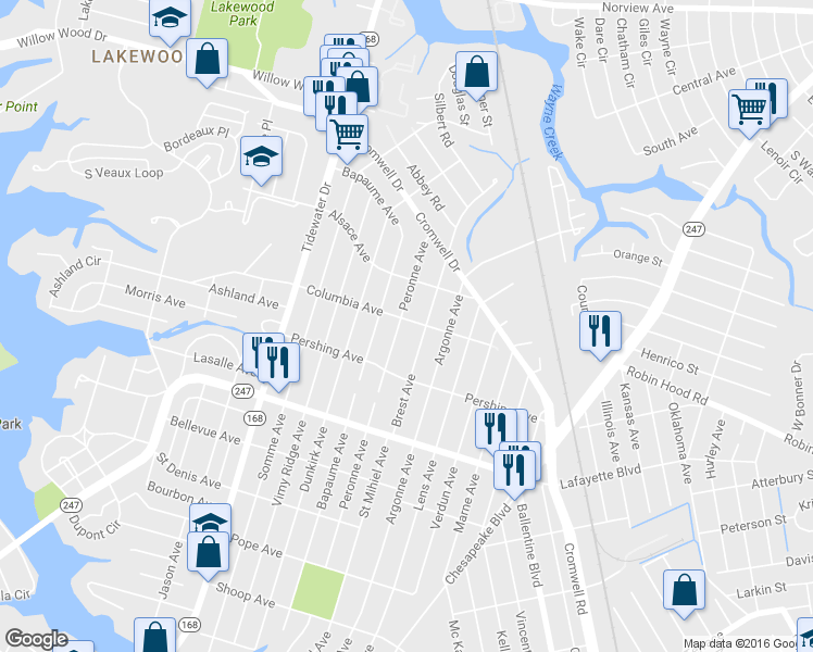 map of restaurants, bars, coffee shops, grocery stores, and more near 3320 Peronne Avenue in Norfolk