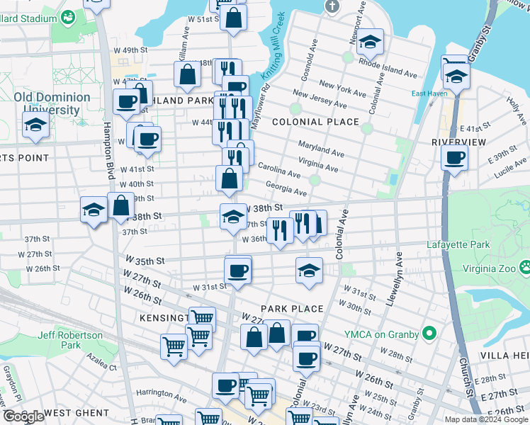 map of restaurants, bars, coffee shops, grocery stores, and more near 703 West 38th Street in Norfolk