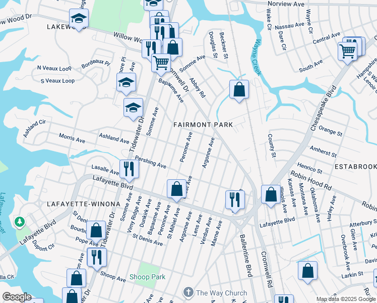 map of restaurants, bars, coffee shops, grocery stores, and more near 3320 Peronne Avenue in Norfolk