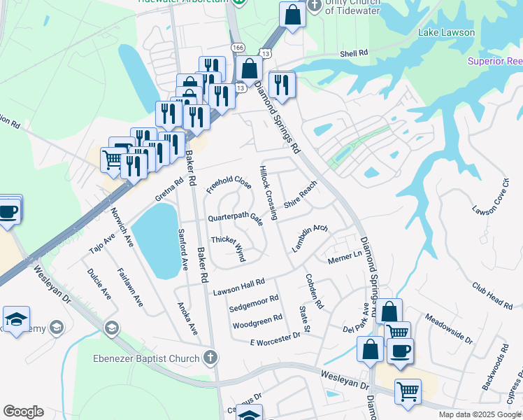 map of restaurants, bars, coffee shops, grocery stores, and more near 5544 Shire Reach in Virginia Beach