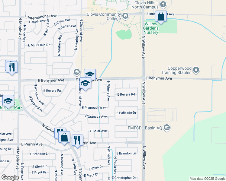 map of restaurants, bars, coffee shops, grocery stores, and more near 9946 North Winery Avenue in Fresno