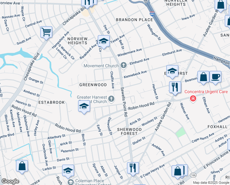 map of restaurants, bars, coffee shops, grocery stores, and more near 3131 Sewells Point Road in Norfolk