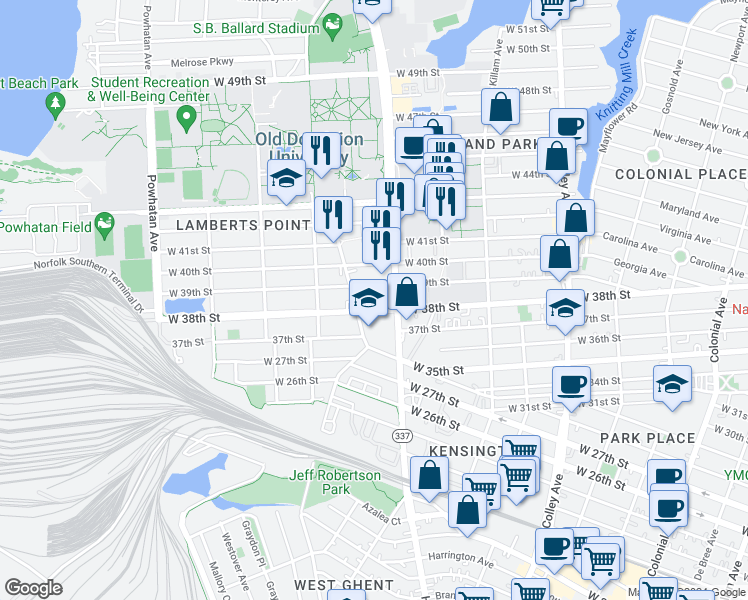 map of restaurants, bars, coffee shops, grocery stores, and more near 1228 West 39th Street in Norfolk