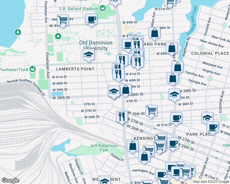 map of restaurants, bars, coffee shops, grocery stores, and more near 1228 West 39th Street in Norfolk
