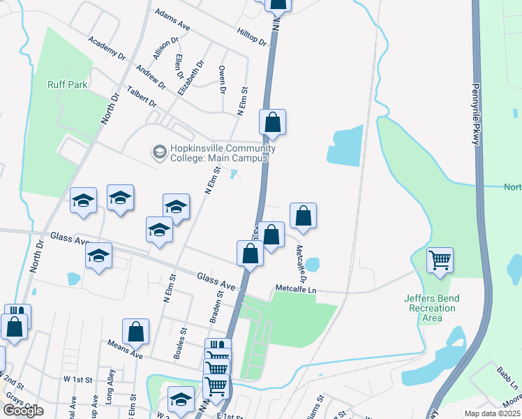 map of restaurants, bars, coffee shops, grocery stores, and more near 904 N Main St in Hopkinsville