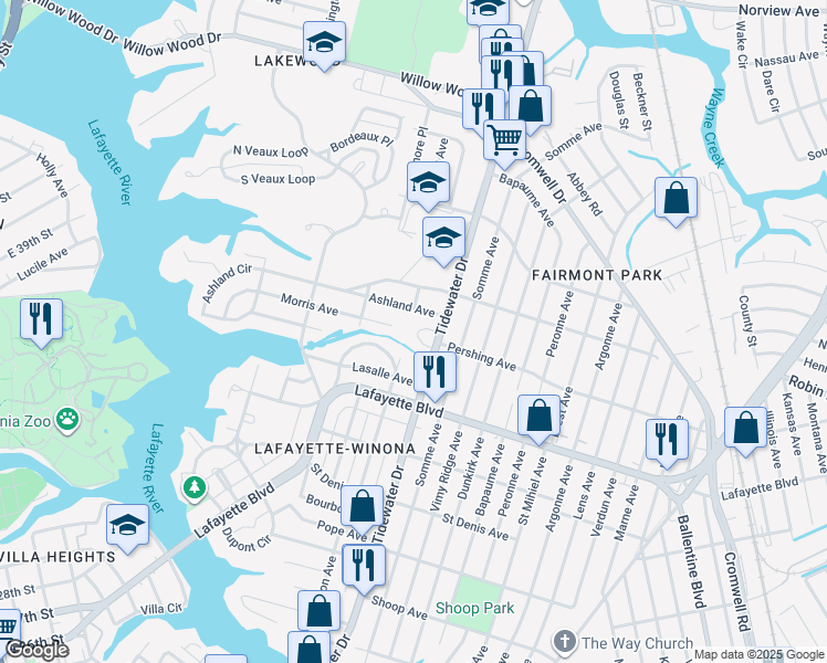 map of restaurants, bars, coffee shops, grocery stores, and more near 1813 Ashland Avenue in Norfolk
