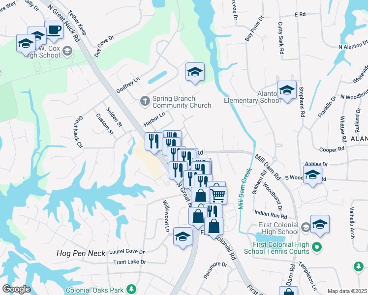 map of restaurants, bars, coffee shops, grocery stores, and more near 1441 Shoveller Avenue in Virginia Beach