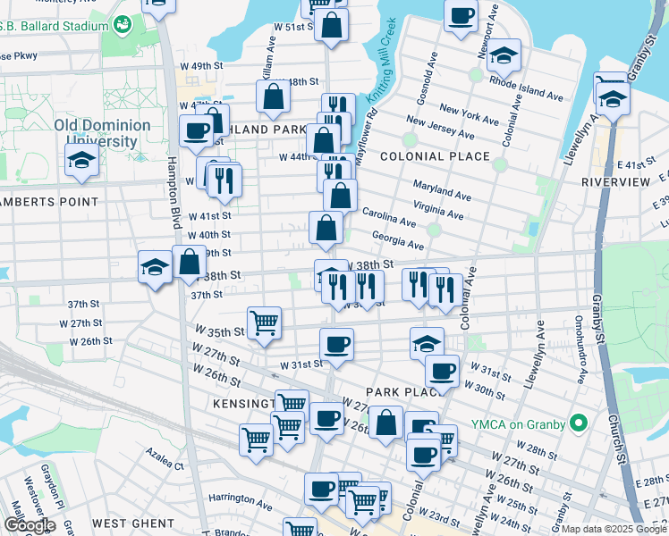 map of restaurants, bars, coffee shops, grocery stores, and more near Colley Ave & W 38th St in Norfolk