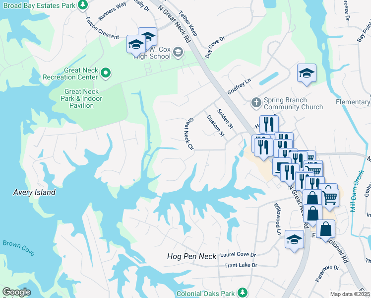 map of restaurants, bars, coffee shops, grocery stores, and more near 2360 Great Neck Circle in Virginia Beach