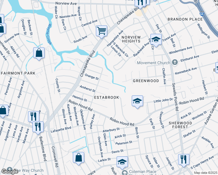 map of restaurants, bars, coffee shops, grocery stores, and more near 3736 Buckingham Street in Norfolk
