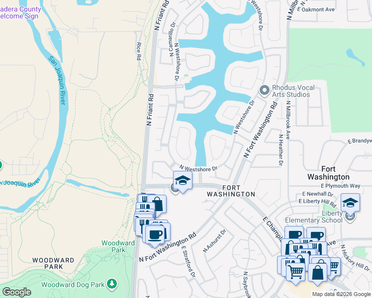 map of restaurants, bars, coffee shops, grocery stores, and more near 428 East Shelldrake Circle in Fresno