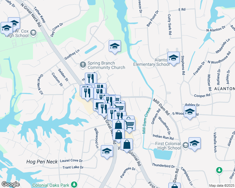 map of restaurants, bars, coffee shops, grocery stores, and more near 1412 Shoveller Avenue in Virginia Beach
