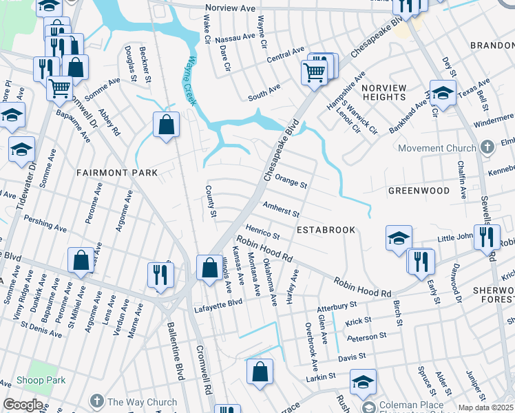 map of restaurants, bars, coffee shops, grocery stores, and more near 3465 Virginia 247 in Norfolk