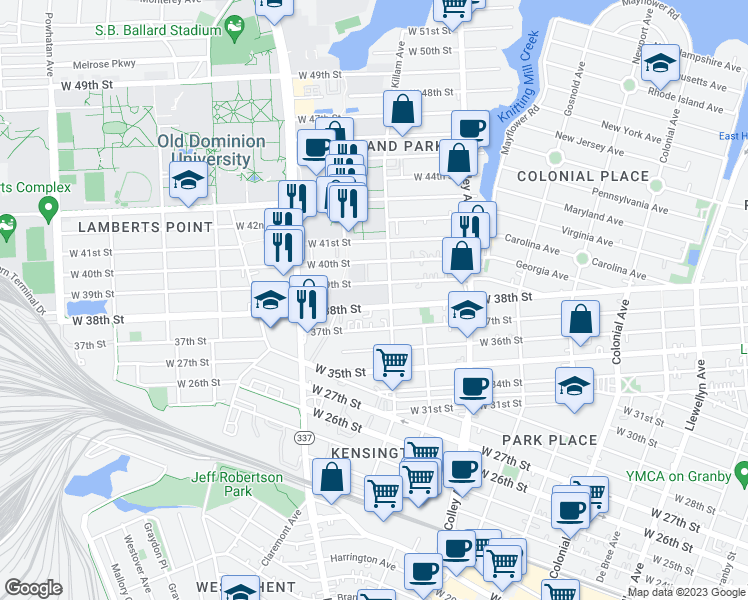 map of restaurants, bars, coffee shops, grocery stores, and more near 1012 West 38th Street in Norfolk