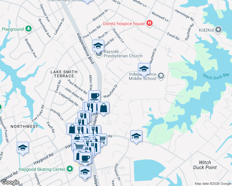 map of restaurants, bars, coffee shops, grocery stores, and more near 1306 Wakefield Drive in Virginia Beach