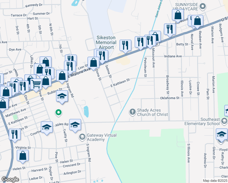 map of restaurants, bars, coffee shops, grocery stores, and more near 1501 East Kathleen Street in Sikeston