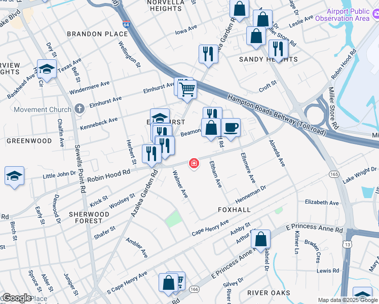 map of restaurants, bars, coffee shops, grocery stores, and more near 5300 Robin Hood Road in Norfolk