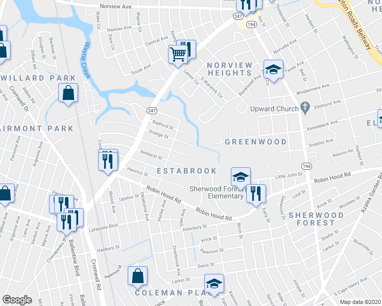 map of restaurants, bars, coffee shops, grocery stores, and more near 3736 Buckingham Street in Norfolk
