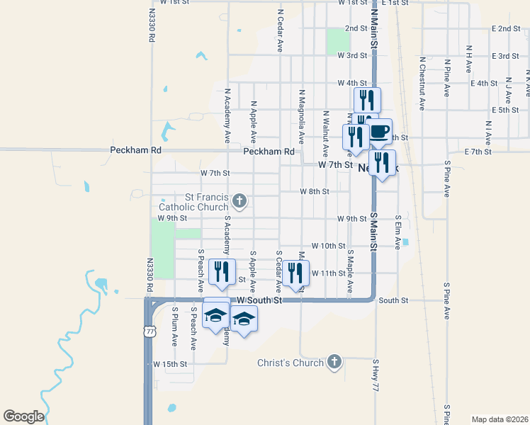 map of restaurants, bars, coffee shops, grocery stores, and more near 216 South Apple Avenue in Newkirk