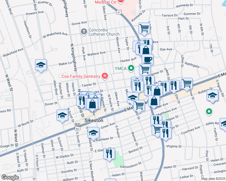 map of restaurants, bars, coffee shops, grocery stores, and more near 304 Sikes Avenue in Sikeston