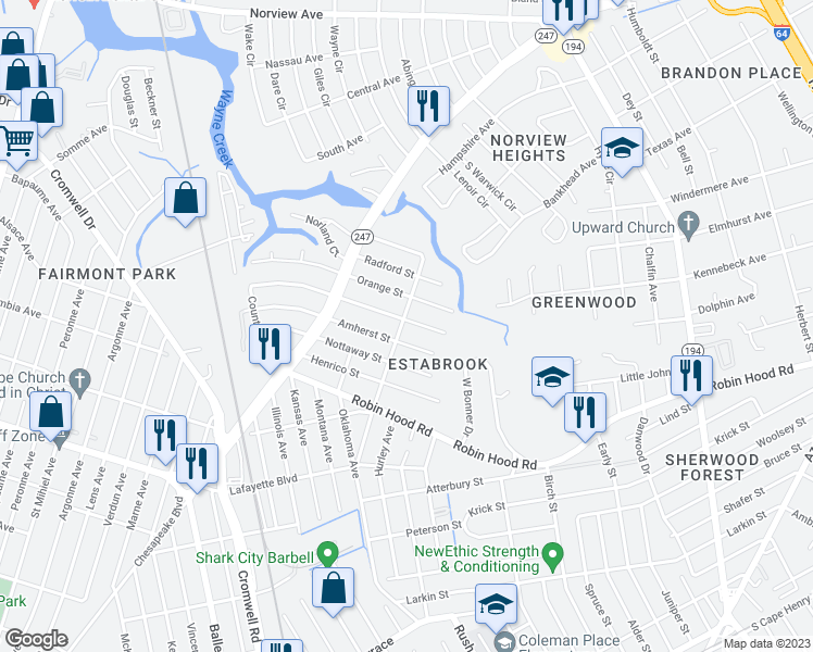 map of restaurants, bars, coffee shops, grocery stores, and more near 3701 Buckingham Street in Norfolk