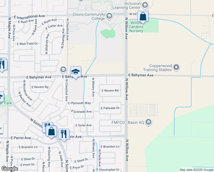 map of restaurants, bars, coffee shops, grocery stores, and more near 9951 North Fine Avenue in Fresno