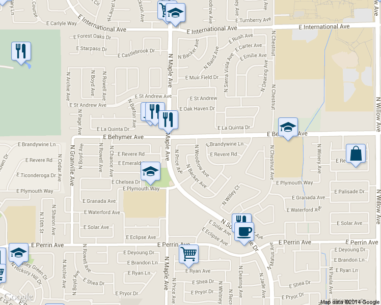 map of restaurants, bars, coffee shops, grocery stores, and more near 2098 East Revere Road in Fresno