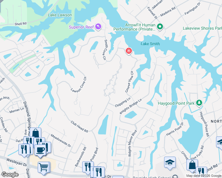 map of restaurants, bars, coffee shops, grocery stores, and more near 5110 Cypress Point Circle in Virginia Beach