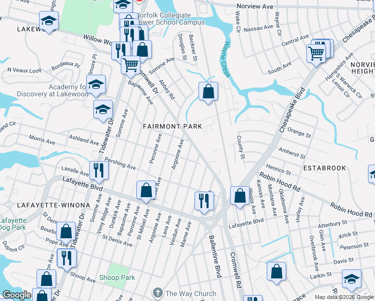 map of restaurants, bars, coffee shops, grocery stores, and more near 3428 Argonne Avenue in Norfolk
