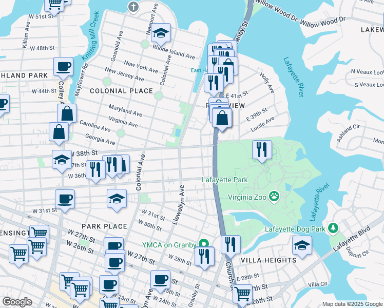 map of restaurants, bars, coffee shops, grocery stores, and more near 217 West 38th Street in Norfolk
