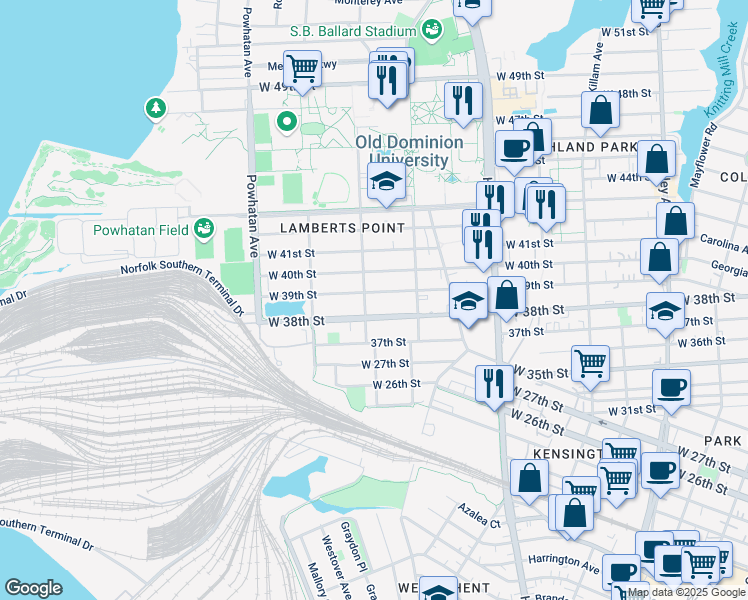 map of restaurants, bars, coffee shops, grocery stores, and more near 3901 Elkhorn Avenue in Norfolk