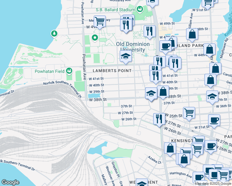 map of restaurants, bars, coffee shops, grocery stores, and more near 3901 Elkhorn Avenue in Norfolk
