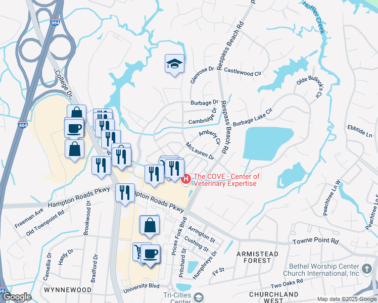 map of restaurants, bars, coffee shops, grocery stores, and more near 106 Stoney Ridge Avenue in Suffolk