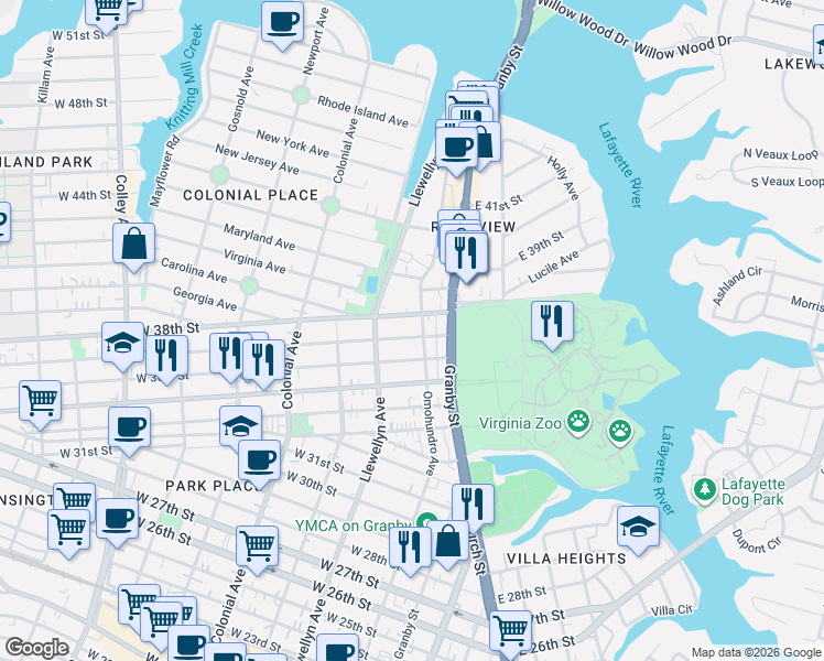 map of restaurants, bars, coffee shops, grocery stores, and more near 217 West 38th Street in Norfolk