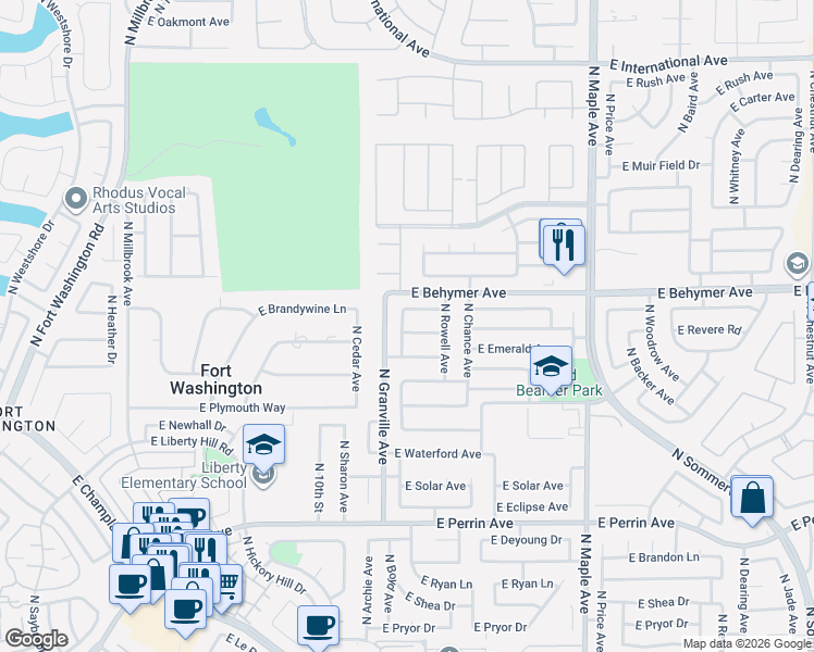 map of restaurants, bars, coffee shops, grocery stores, and more near 1582 East Revere Road in Fresno