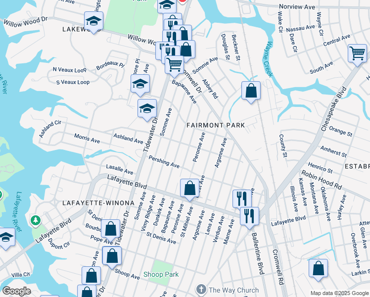map of restaurants, bars, coffee shops, grocery stores, and more near 3319 Bapaume Avenue in Norfolk