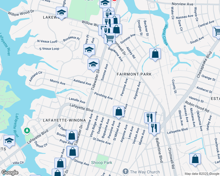 map of restaurants, bars, coffee shops, grocery stores, and more near 3317 Dunkirk Avenue in Norfolk
