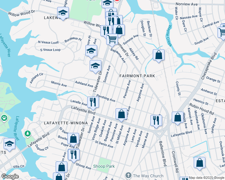 map of restaurants, bars, coffee shops, grocery stores, and more near 3317 Dunkirk Avenue in Norfolk