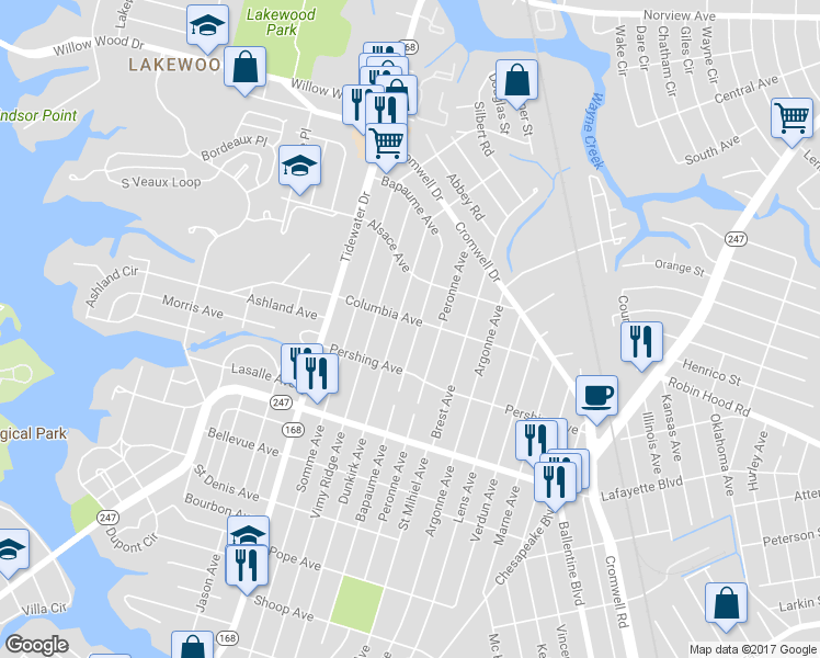 map of restaurants, bars, coffee shops, grocery stores, and more near 3319 Bapaume Avenue in Norfolk