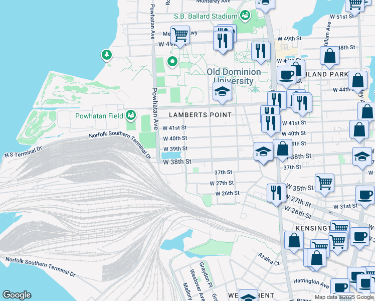 map of restaurants, bars, coffee shops, grocery stores, and more near 3820 Parker Avenue in Norfolk