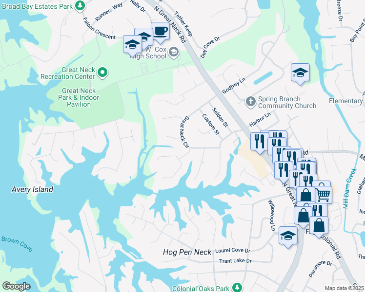 map of restaurants, bars, coffee shops, grocery stores, and more near 2360 Great Neck Circle in Virginia Beach