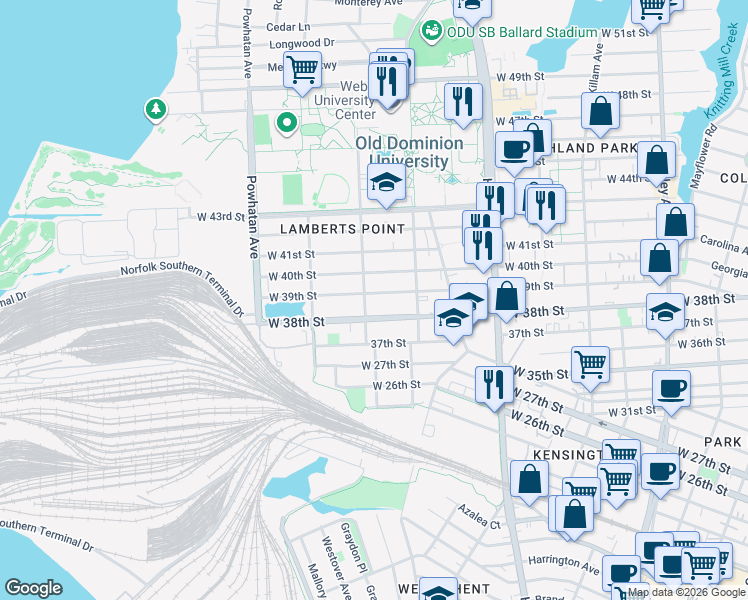 map of restaurants, bars, coffee shops, grocery stores, and more near 3901 Elkhorn Avenue in Norfolk