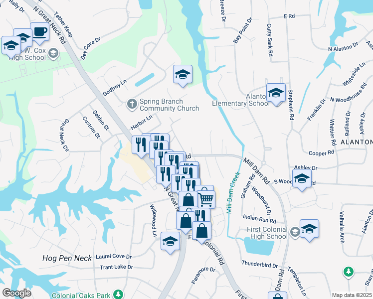 map of restaurants, bars, coffee shops, grocery stores, and more near 1412 Shoveller Avenue in Virginia Beach