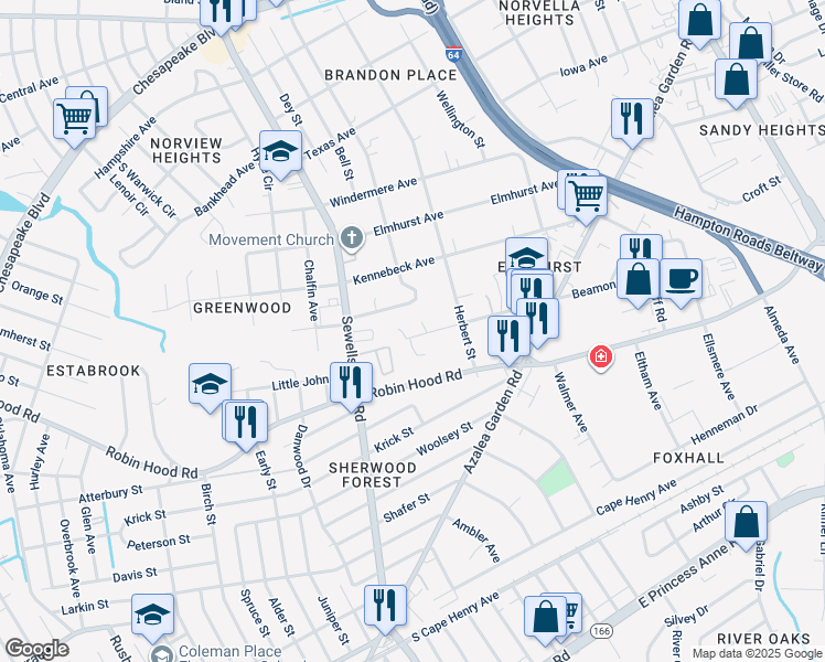 map of restaurants, bars, coffee shops, grocery stores, and more near 4856 Beamon Road in Norfolk
