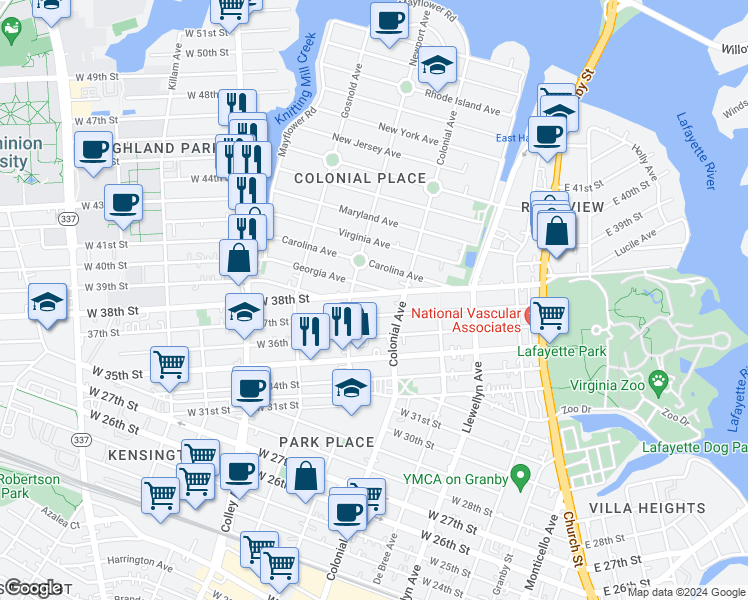 map of restaurants, bars, coffee shops, grocery stores, and more near 527 West 38th Street in Norfolk