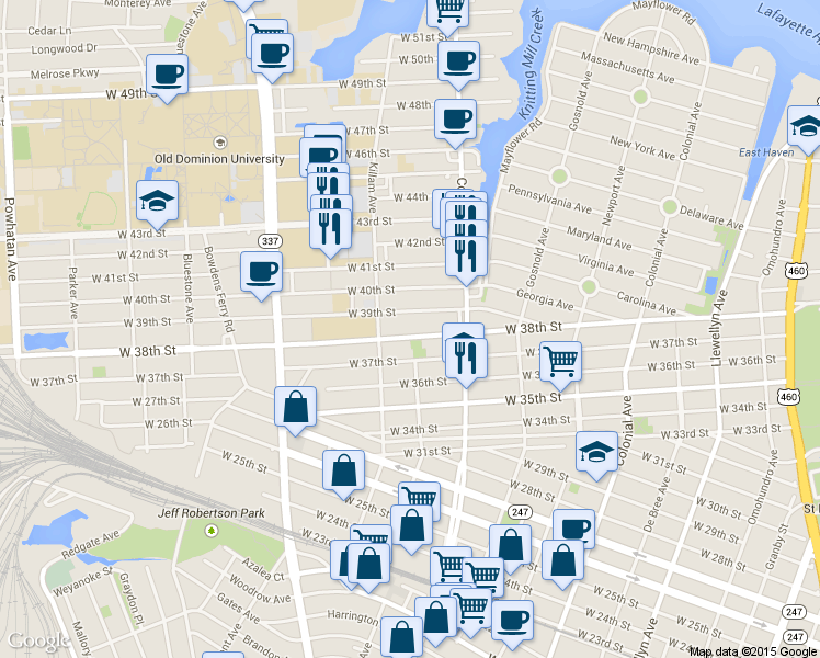 map of restaurants, bars, coffee shops, grocery stores, and more near 848 West 38th Street in Norfolk